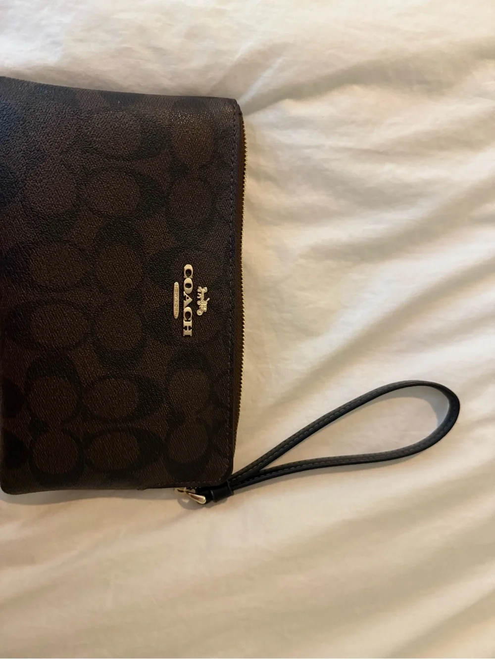 Coach Brown Signature Monogram Wristlet with Black Strap